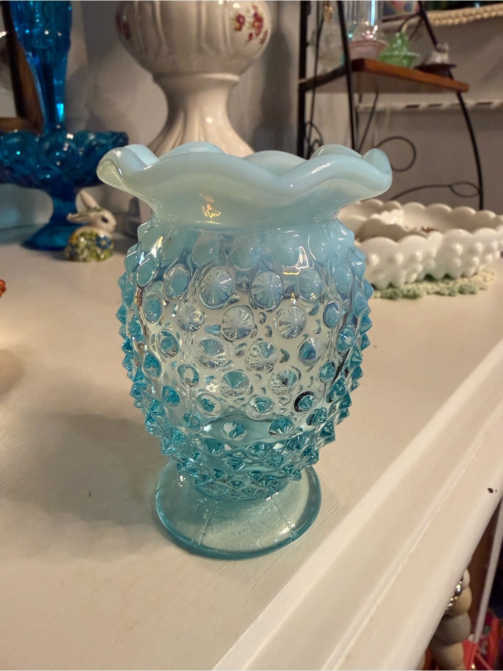 Fenton blue opalescent hobnail small bud vase